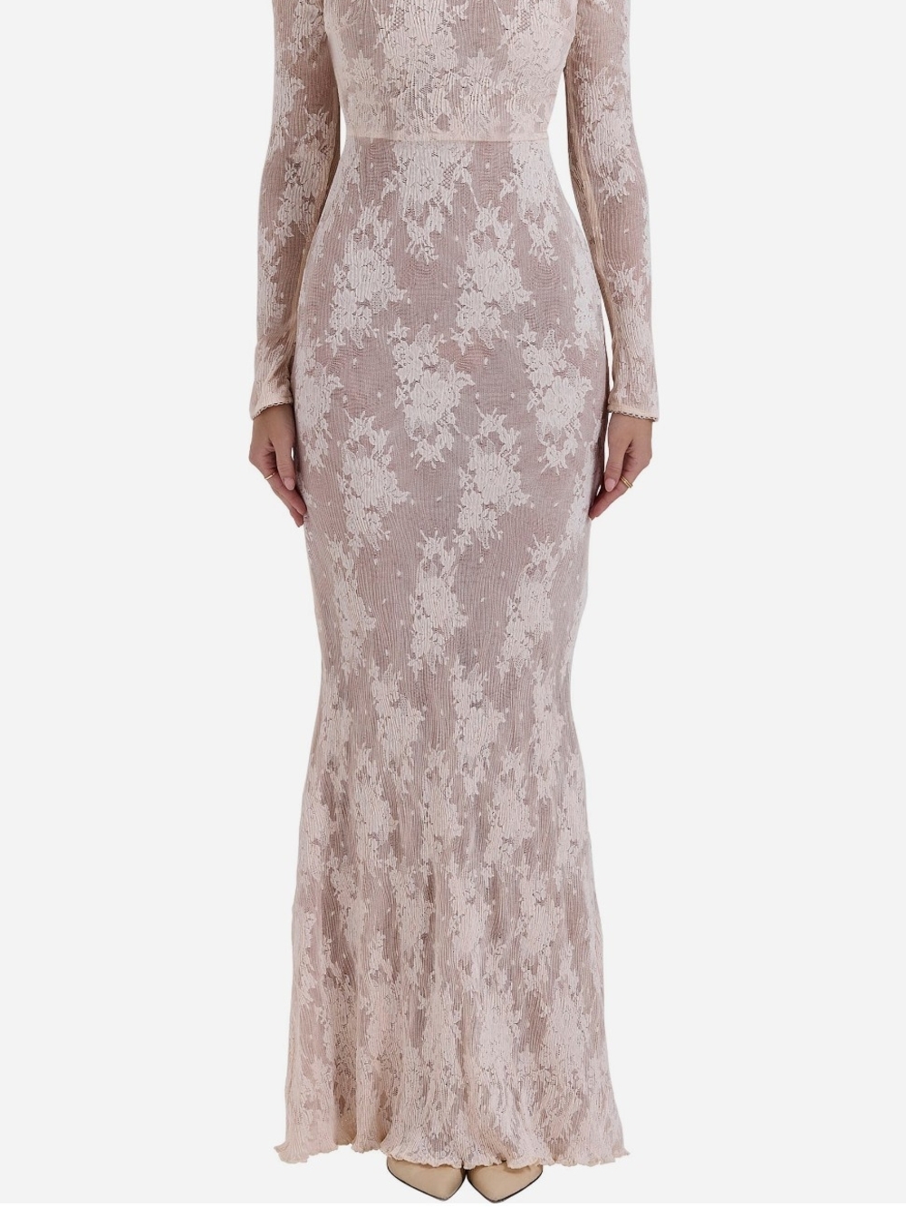 House of CB Isoline Lace Long Sleeve Gown in Tender Peach